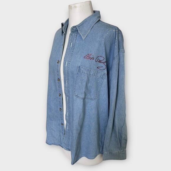 Infinity Fashion Tops - VTG Elvis Presley Graceland Exclusive Rhinestone Denim Shirt Womens XL Grunge